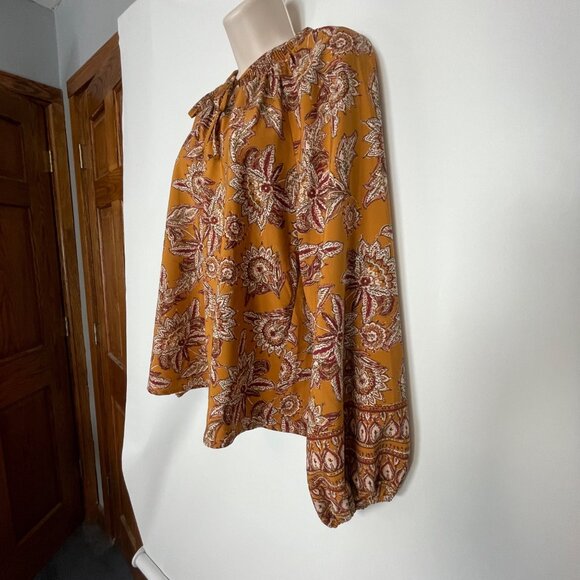 Evereve Womens Floral Print Boho Blouse M - Mustard Yellow Keyhole Neckline - Picture 5 of 9